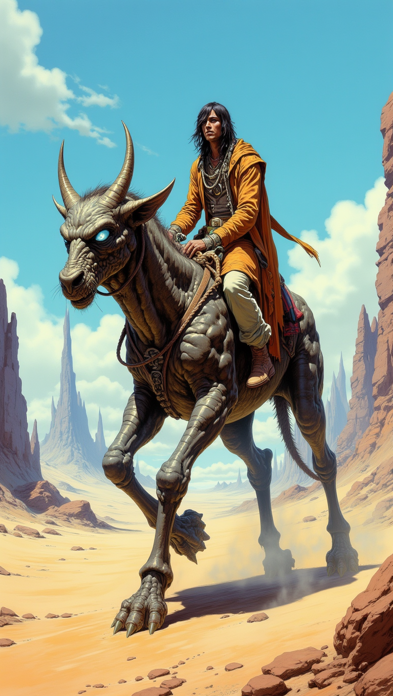 A man riding a large, muscular beast with prominent horns and glowing blue eyes in a desert setting. The rider is wearing an orange jacket, gray pants, and has long black hair. They are traversing a sandy terrain flanked by tall rock formations.