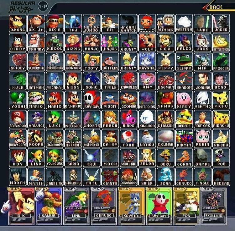 A doctored screenshot of the Melee character select screen with eight player slots and an absurd number of characters, including Vader and Batman.