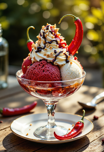 A dessert consisting of scoops of red and white ice cream topped with a generous swirl of whipped cream, drizzled with chocolate sauce, and sprinkled with chopped nuts in a glass dish. Two whole red chili peppers are placed as garnish, two in the whipped cream and one on the plate beneath the glass dish. The setting appears to be outdoors, with a blurred background of greenery and sunlight, with a spoon and an additional chili visible in the background.