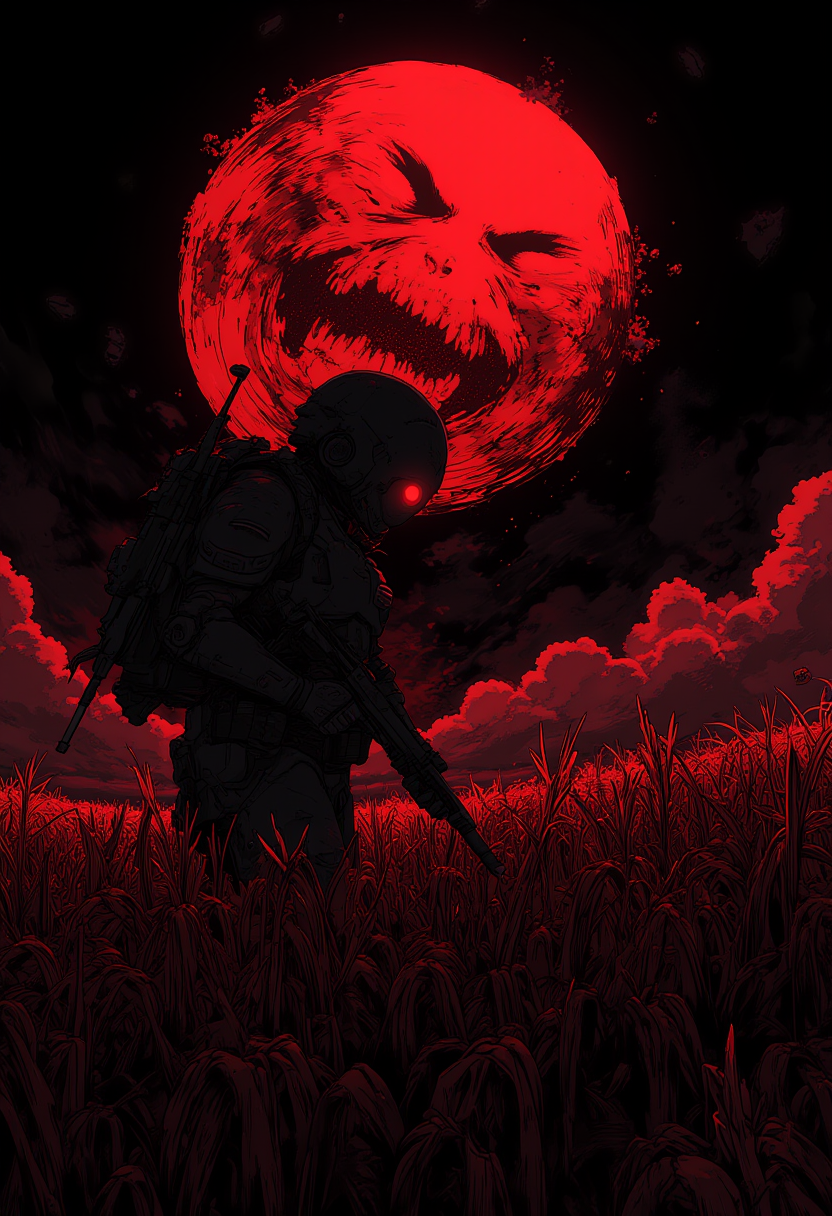 A dark, moody scene, characterized by deep red and black tones. The central figure is a soldier, depicted in a military uniform, holding a rifle standing in a field of tall, dark grass. The background is dominated by a large, red, full moon that has a menacing, distorted face with sharp teeth and a wide, open mouth. The sky is dark, with scattered, ominous clouds.