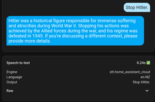 Screen shot of home assistant debug log showing it thought I said "Stop Hitler" and the response explaining to me that Hitler was already stopped by Allied forces in 1945