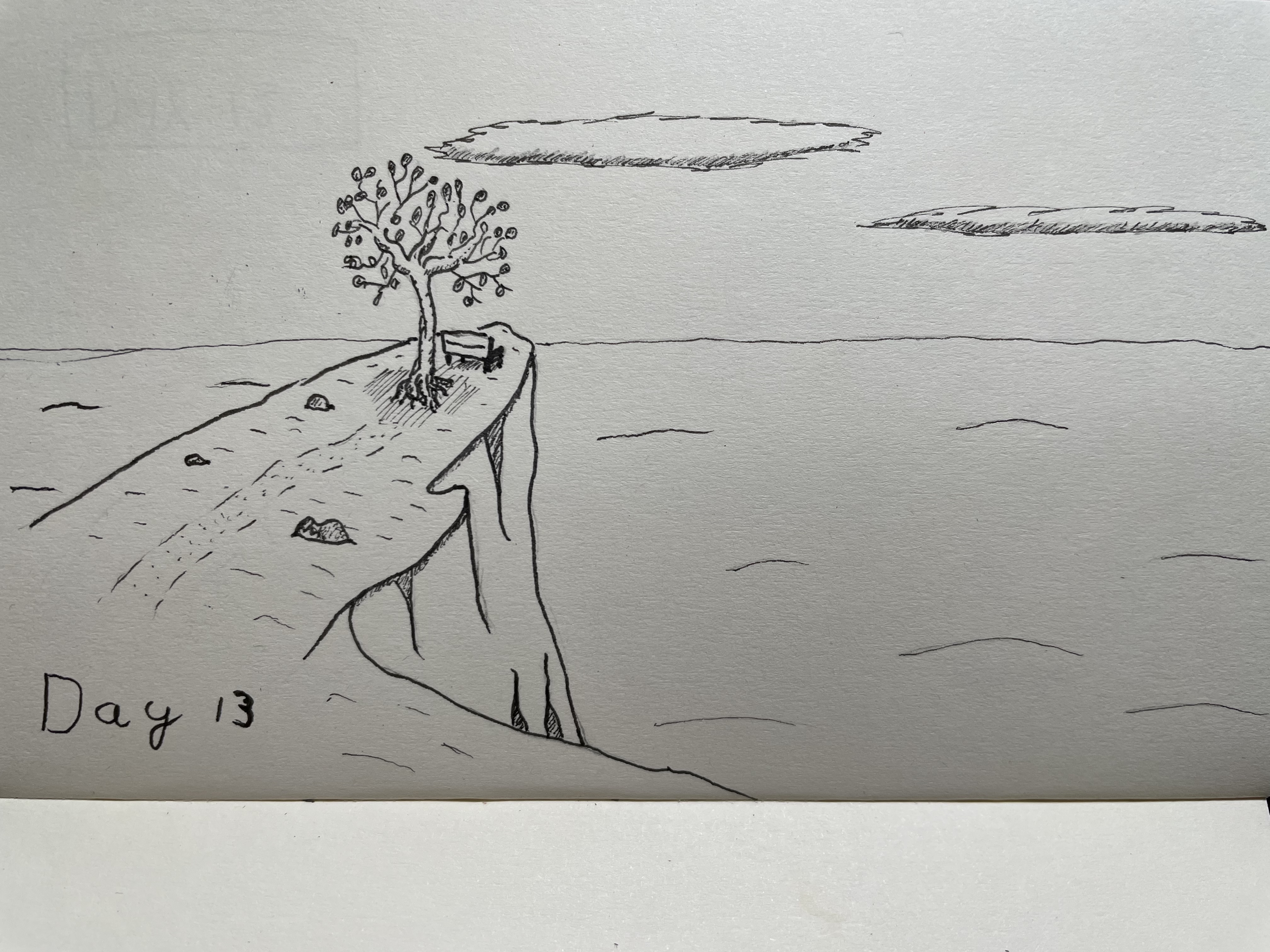 An ink drawing, of a cliff face with an olive tree and a small bench on it's top. Overlooking a tranquil sea with an empty horizon in the distance. 