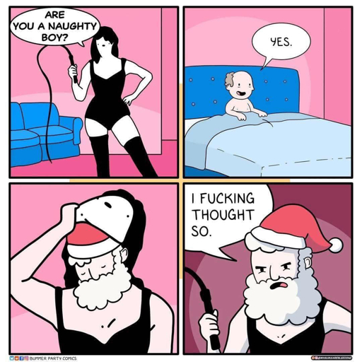 Four panel comic. The first panel shows a woman in black, leotard-style lingerie. She has on black thigh highs and holds a whip. She says "Are you a naughty boy?"  In the second panel, a topless, balding man with gray hair sits in a bed with a blanket over his midsection and legs. He smiles and says "Yes."  In the third panel, we see a close up of the woman from panel one. She pulls off a mask revealing a red hat with white trim and white beard and hair.  In the fourth panel, Santa Clause holds the whip and says "I fucking thought so."