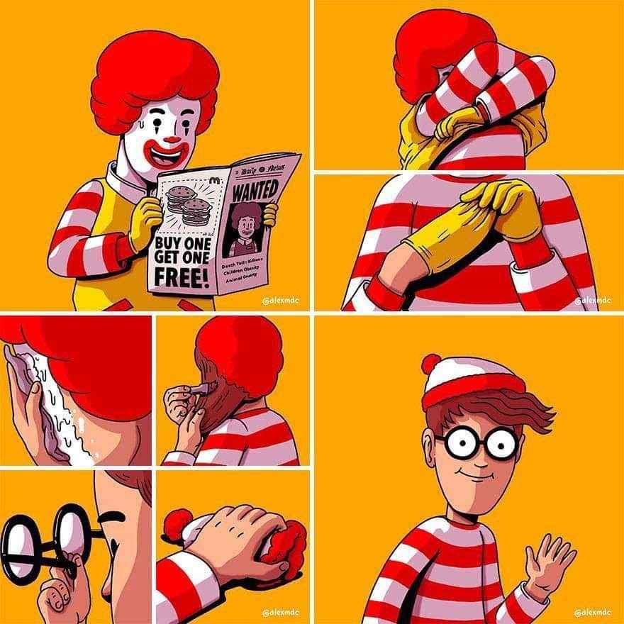 Ronald McDonald taking off their makeup and cloths to become where's Wally