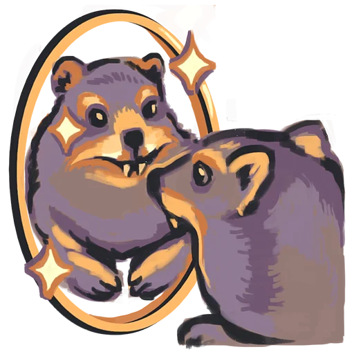 a stylized illustration of a hyrax sitting sweetly and looking into a mirror, admiring its reflection.