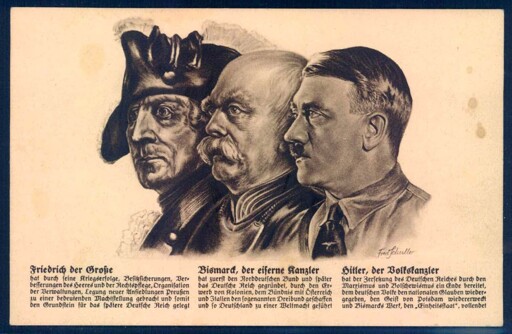 Fascist propaganda depicting Frederick II, Otto von Bismarck, and Adolf Schicklgruber lined up to each other (like Mt. Rushmore).